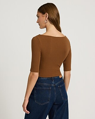 Fitted Ribbed Scoop Neck Elbow Sleeve Tee
