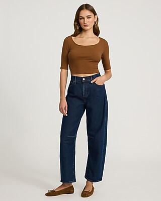 Fitted Ribbed Scoop Neck Elbow Sleeve Tee
