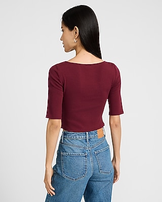 Fitted Ribbed Scoop Neck Elbow Sleeve Tee