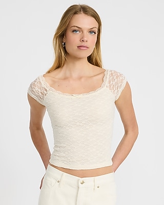Lace Scoop Neck Cap Sleeve Cropped Top