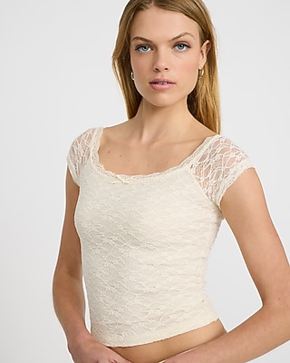 Lace Scoop Neck Cap Sleeve Cropped Top