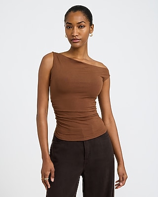 One Shoulder Twist Strap Ruched Knit Top