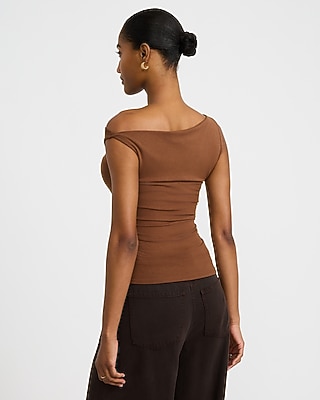 One Shoulder Twist Strap Ruched Knit Top
