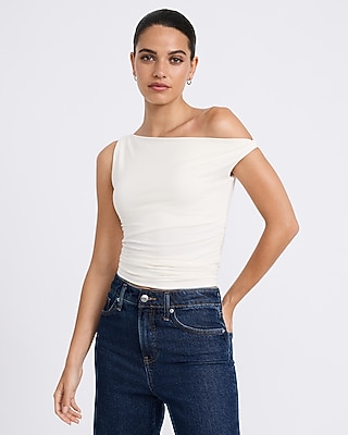 One Shoulder Twist Strap Ruched Knit Top