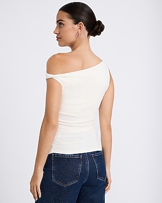 One Shoulder Twist Strap Ruched Knit Top
