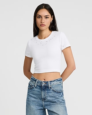 Body Contour Seamless Ribbed Lace Crew Neck Baby Tee - thumbnail 9