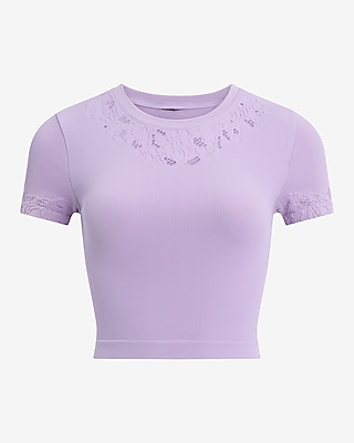 Body Contour Seamless Ribbed Lace Crew Neck Baby Tee