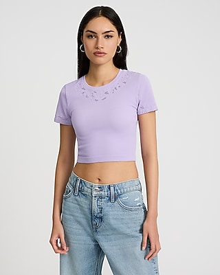 Body Contour Seamless Ribbed Lace Crew Neck Baby Tee