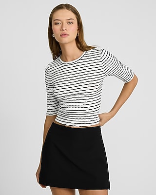 Jacquard Striped Crew Neck Elbow Sleeve Cropped Tee