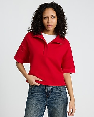 Boxy Quarter Button Short Sleeve Cropped Sweatshirt | Express