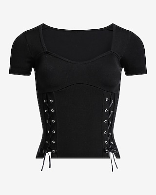 Body Contour Seamless Ribbed Sweetheart Lace-Up Tee