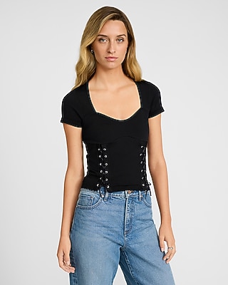 Body Contour Seamless Ribbed Sweetheart Lace-up Tee | Express