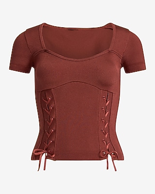 Body Contour Seamless Ribbed Sweetheart Lace-Up Tee