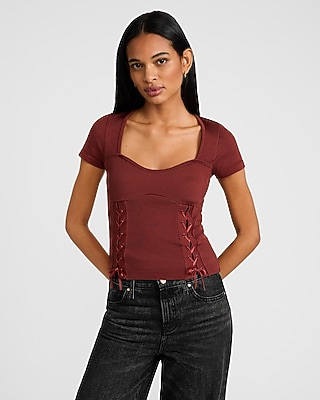 Body Contour Seamless Ribbed Sweetheart Lace-Up Tee