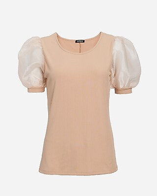 Ribbed Crew Neck Organza Puff Sleeve Tee