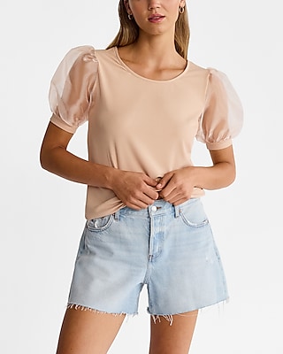 Ribbed Crew Neck Organza Puff Sleeve Tee