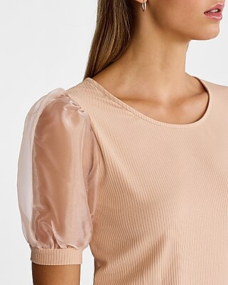 Ribbed Crew Neck Organza Puff Sleeve Tee