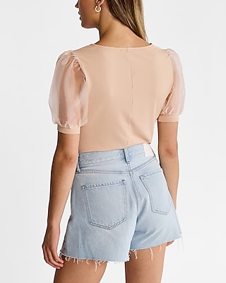 Ribbed Crew Neck Organza Puff Sleeve Tee