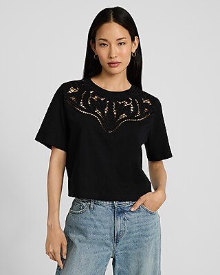 Crochet Crew Neck Short Sleeve Cropped Boyfriend Tee