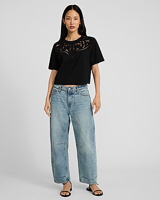 Crochet Crew Neck Short Sleeve Cropped Boyfriend Tee