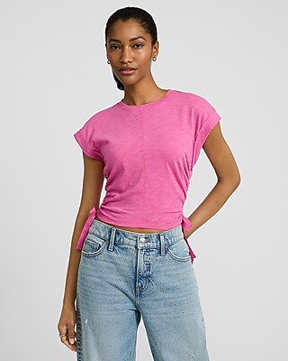 Crew Neck Short Sleeve Ruched Side Tie Tee - image 2