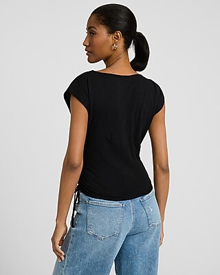 Boat Neck Cap Sleeve Front Cutout Tie Side Tee