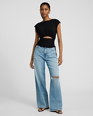 Boat Neck Cap Sleeve Front Cutout Tie Side Tee