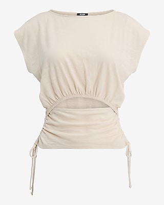 Boat Neck Cap Sleeve Front Cutout Tie Side Tee