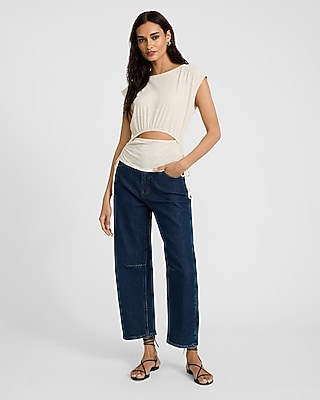 Boat Neck Cap Sleeve Front Cutout Tie Side Tee