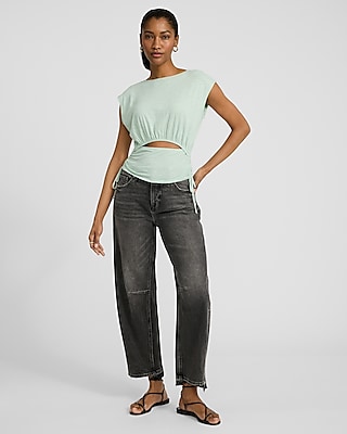 Boat Neck Cap Sleeve Front Cutout Tie Side Tee