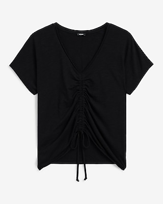 V-Neck Short Sleeve Ruched Tie Front Tee