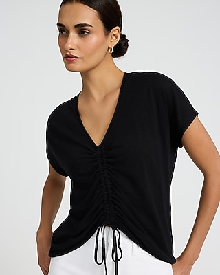 V-Neck Short Sleeve Ruched Tie Front Tee