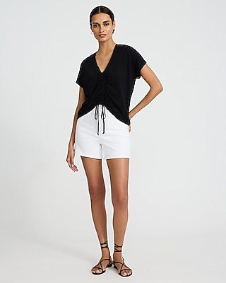 V-Neck Short Sleeve Ruched Tie Front Tee
