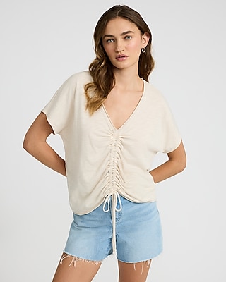 Women's Ruched V-Neck Top - Short Sleeve Casual Blouse, Side Shirring, Hi-Low Hem, Size Large White