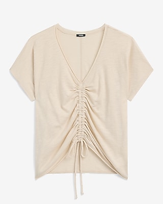 V-Neck Short Sleeve Ruched Tie Front Tee