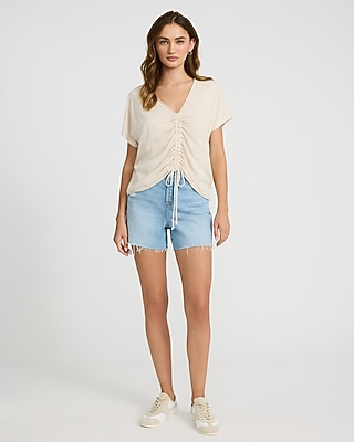 V-Neck Short Sleeve Ruched Tie Front Tee