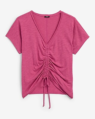 V-Neck Short Sleeve Ruched Tie Front Tee