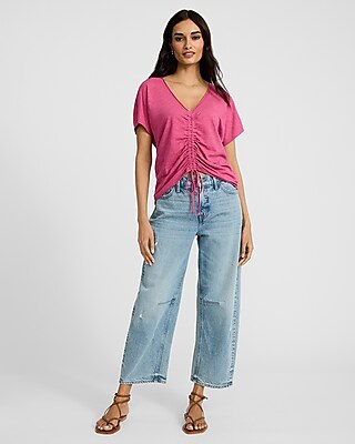 V-Neck Short Sleeve Ruched Tie Front Tee