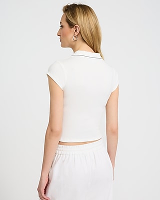 Ribbed Collared V-Neck Short Sleeve Polo Tee - image 3