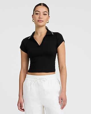 Ribbed Collared V-Neck Short Sleeve Polo Tee