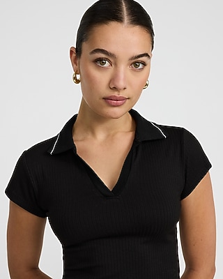 Ribbed Collared V-Neck Short Sleeve Polo Tee