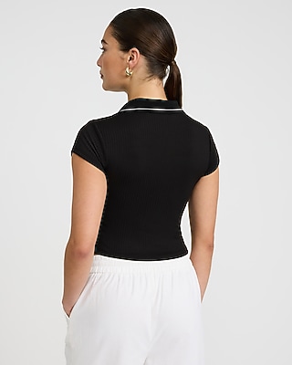 Ribbed Collared V-Neck Short Sleeve Polo Tee