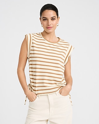 Striped Crew Neck Cap Sleeve Ruched Side Tie Tee - thumbnail 5