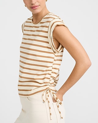 Striped Crew Neck Cap Sleeve Ruched Side Tie Tee - thumbnail 6