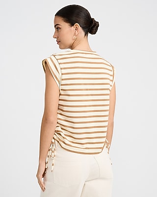 Striped Crew Neck Cap Sleeve Ruched Side Tie Tee - thumbnail 7