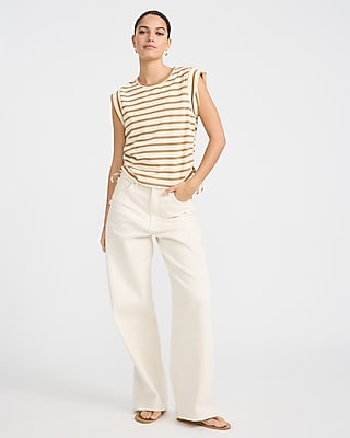 Striped Crew Neck Cap Sleeve Ruched Side Tie Tee - thumbnail 8