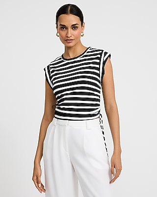 Striped Crew Neck Cap Sleeve Ruched Side Tie Tee