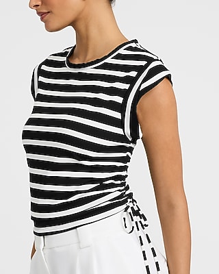 Striped Crew Neck Cap Sleeve Ruched Side Tie Tee