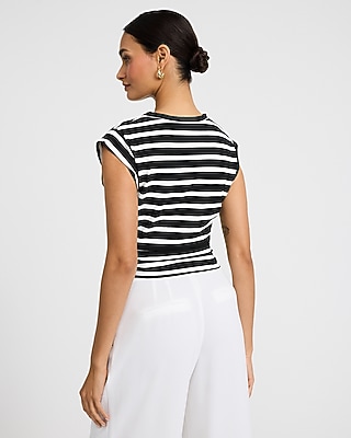 Striped Crew Neck Cap Sleeve Ruched Side Tie Tee