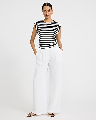 Striped Crew Neck Cap Sleeve Ruched Side Tie Tee